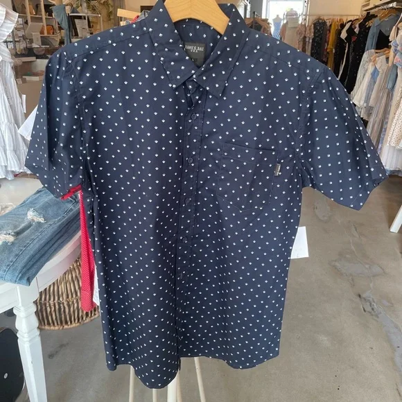 navy blue with white design button up shirt - Picture 3 of 4